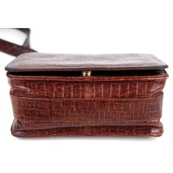 Neiman Marcus BROWN GENUINE LEATHER CROCO PRINT FLAP SHOULDER BAG X-BODY PURSE - Picture 7 of 15